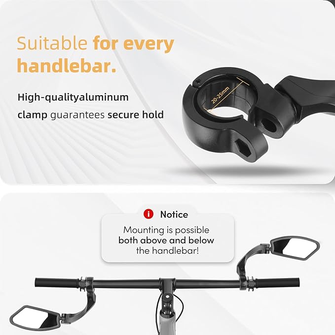 2 Pcs Bike Mirror, Adjustable Bicycle Mirrors for Handlebars with 360° Rotation, Shatterproof Scratch Resistant HD Glass Lens Bike Mirrors, Universal Fit for Mountain Bikes Road E-Bikes