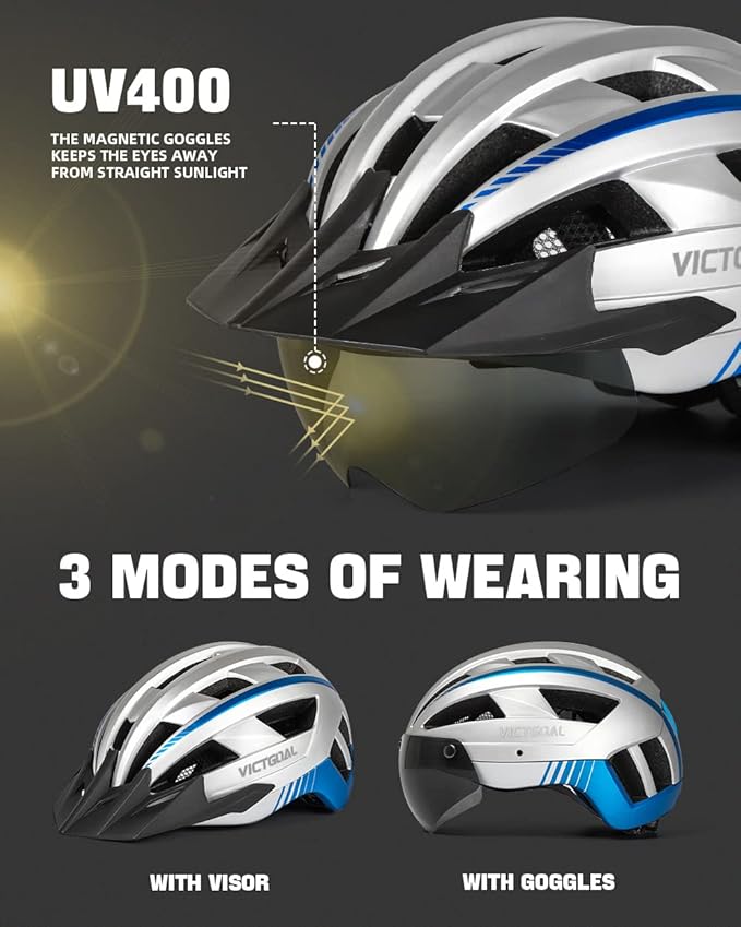 VICTGOAL Bike Helmet with USB Rechargeable Rear Light Detachable Magnetic Goggles Removable Sun Visor Mountain & Road Bicycle Helmets for Men Women Adult Cycling Helmets