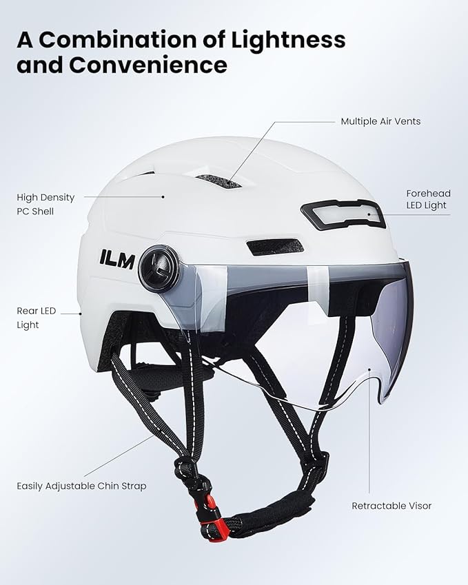 ILM Adult Bike Helmet with USB Rechargeable LED Front and Back Light Mountain&Road Bicycle Helmets for Men Women Removable Goggle Cycling Helmet E3-10L