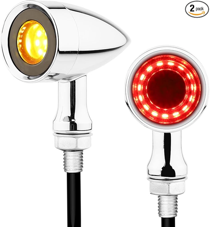 Rear Motorcycle LED Turn Signals with Integrated Brake Stop Light, 3-in-1 Running & Blinker Lamps Indicators for Cruiser Chopper Bobber Street Bike (Chrome-Red and Amber Light)