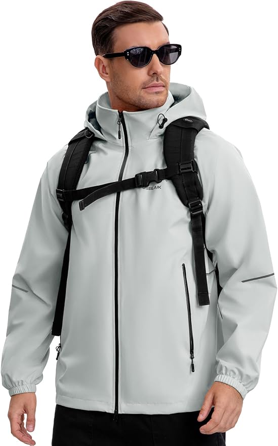 Men's Rain Jacket Waterproof Windproof Breathable for Hiking Cycling Commuting with Hood & Pockets