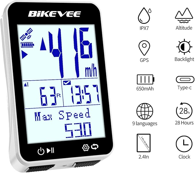 GPS Speedometer & Odometer - Wireless Bike Computer, Auto Start/Stop, Auto Backlight, IPX7 Waterproof, 2.4" LCD, Cycling Tracker in MPH & KM/H