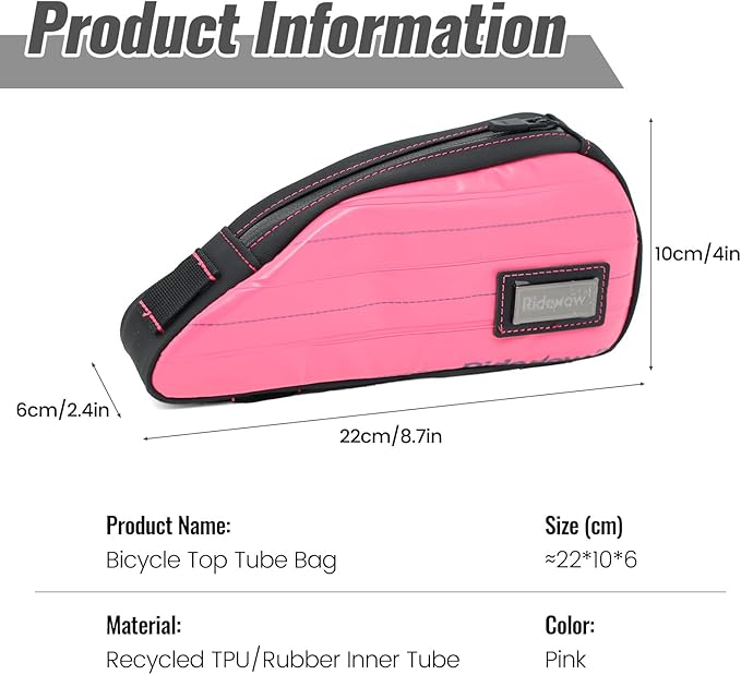 RideRow Compact Bike Top Tube Bag – Waterproof Bicycle Frame Pouch, Fits Up to 6.1" Phone, Narrow No-Rub Design, Secure 3-Point Mount, Cycling Storage for Mountain & Road Bike (Pink)