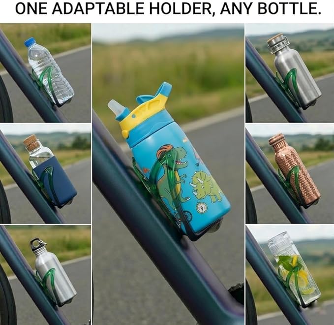 Bike Bell and Water Bottle Holder Set, Green Bicycle Accessories with Cool T-Rex Design, Decorative Handlebar Mount (Green)