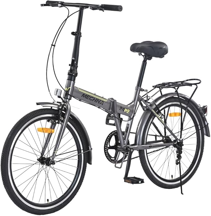 24 Inch Folding Bike for Adults, Steel Frame Single Speed City Commuter Bicycle, Dual V-Brake Portable Compact Bike with Fenders for Men Women