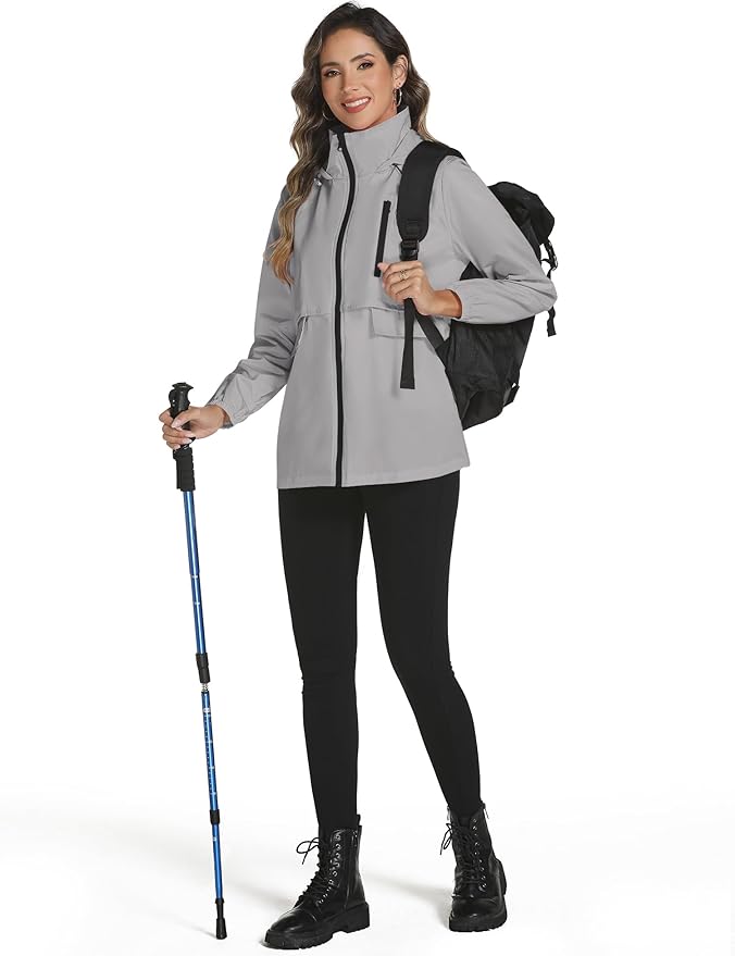 Avoogue Rain Jacket Women with Hooded Lightweight Waterproof Raincoats Packable Zipper Pockets Windbreakers
