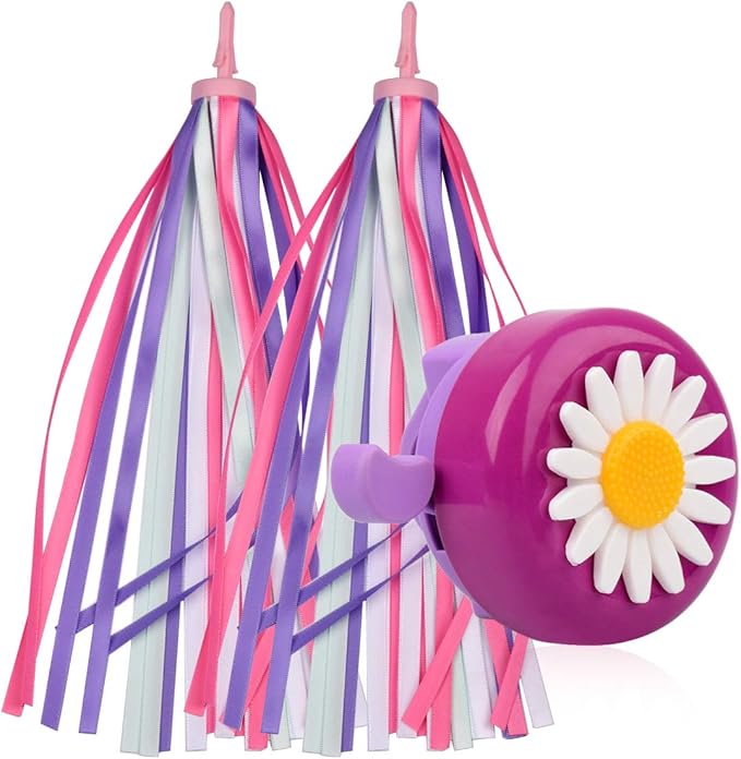 U-LIAN Kids Streamers and Bike Bell for Girls-1 Pack Flower Bicycle Bell with 2 Pack Handlebar Streamers Scooter Tassels for Children's Bike Accessories