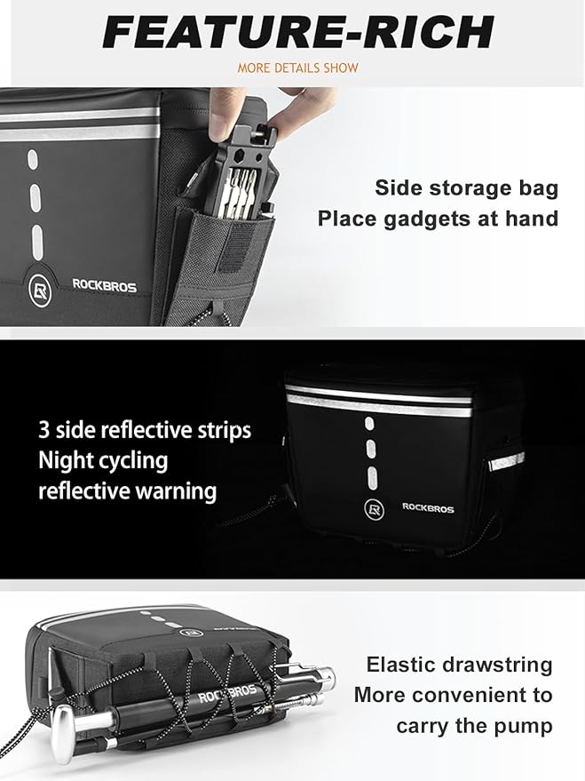 ROCKBROS Bike Handlebar Bag, 3L Waterproof Electric Scooter Bag with TPU Touchscreen, Bicycle Front Storage Pouch Bag, Cycling Accessories for Mountain Bikes, E-Bikes & Folding Bicycles