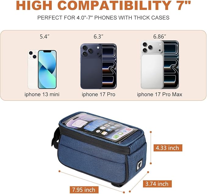 Qisan 1.5 L Capacity Front Bike Bag Frame motorcycle accessories for Riding | 7" Motorcycle Phone Mount E-Bike Accessories for Men | Bicycle Top Tube Bag Cycling Pouch with Rain Cover - Blue