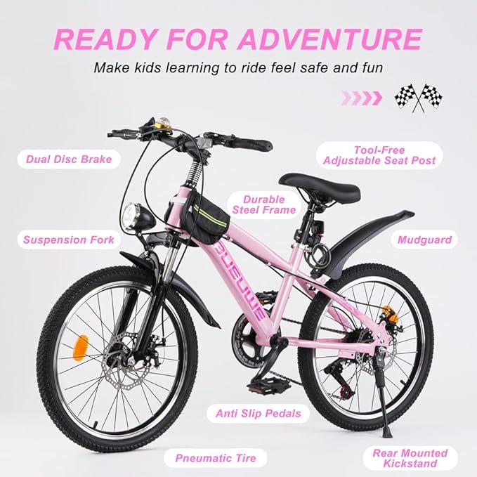 Bueuwe 20 24 Inch Kids Mountain Bike, Children Bicycles for Boys and Girls Ages 6-12, 7 Speed Teenager Bikes with Disc Brakes, Adjustable Handlebars and Seat, Kickstand (Pink, 20 Inch)