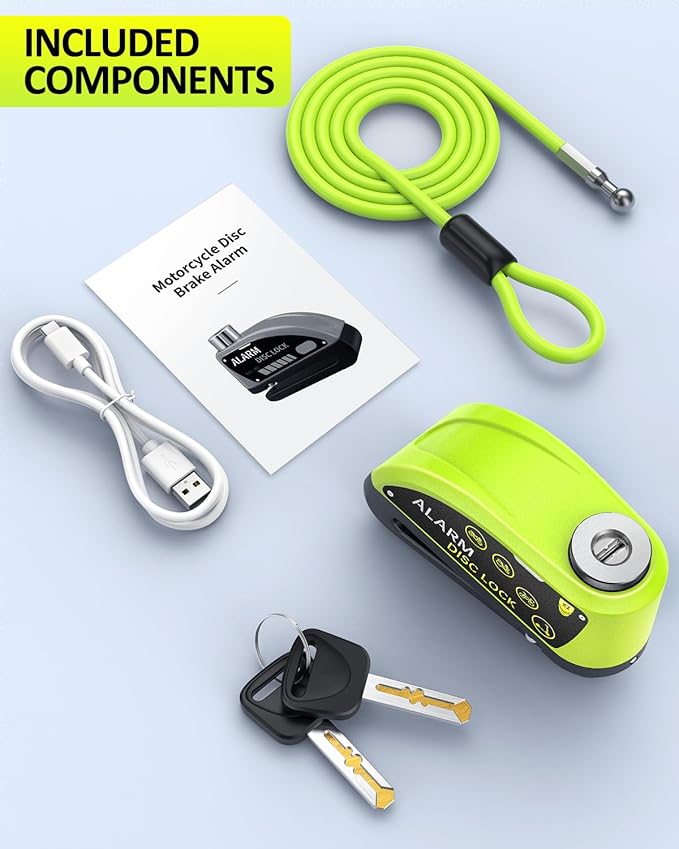 ONVIAN Rechargeable Motorcycle Lock with 6FT Steel Wire Anti-Theft Cable, for 7mm Pin Ebike Electric Scooter Motorcycle Helmet Wheel Disc Brake Lock(Lemon Yellow)