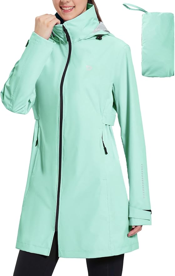 baleaf Women's Long Rain Coat Packable Waterproof Windbreaker Lightweight Cycling Jacket with Hood