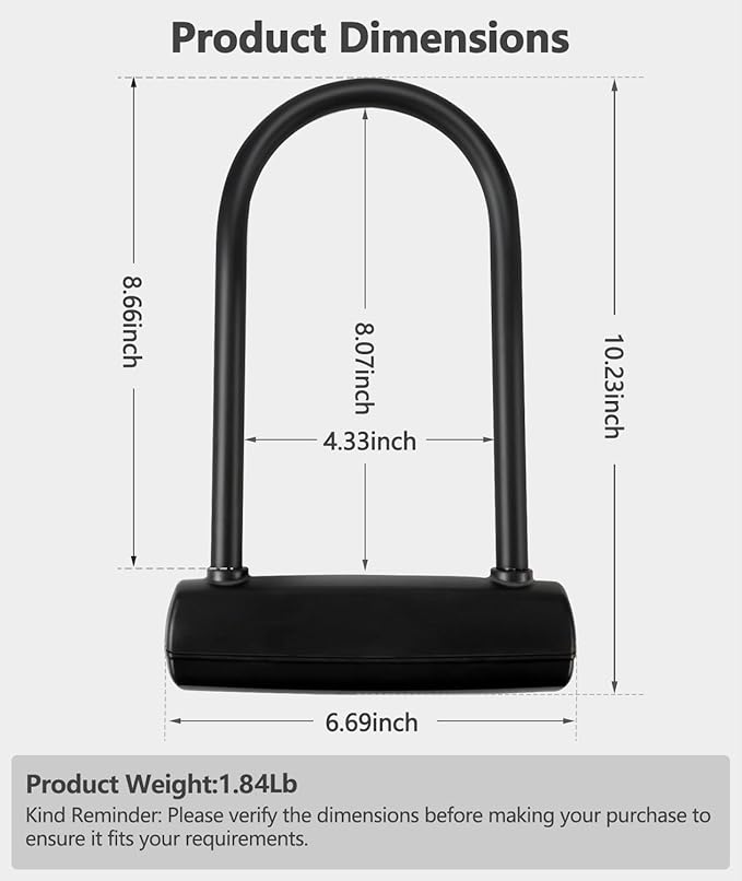 Bike U Lock with 4FT x 6mm Moped Chain, Bike Lock with 2 Keys and Mounting Bracket, Motorcycle U Lock Perfect for Ebike, Escooter, Fat-Tire Dirt-Bike, Tricycle,Bicycle