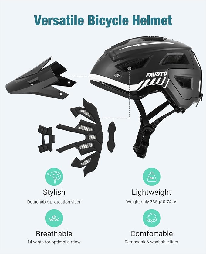 Favoto Adult Mountain Bike Helmet for Men & Women, Magnetic Buckle MTB Helmet with Removable Visor, Lightweight for Commuting & Off-Road Cycling