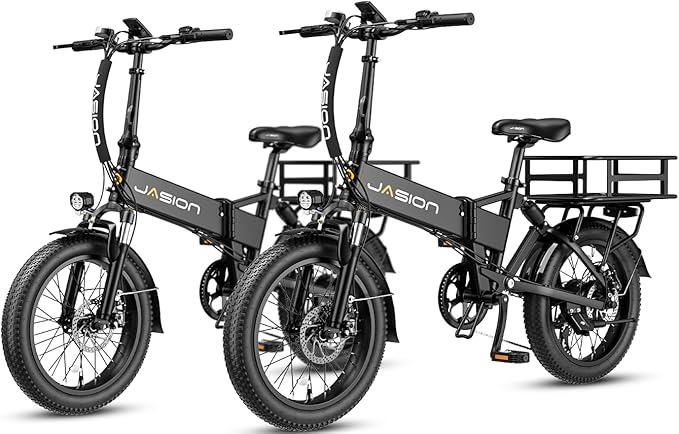 Jasion EB7 2.0 Adult Electric Bicycles, 28MPH Folding Electric Bike,1200W Peak Motor, 480WH Battery 55Miles Commute Ebikes for Adults,Shock Absorber,20" Fat Tire for City,Beach,Snow,Mountain