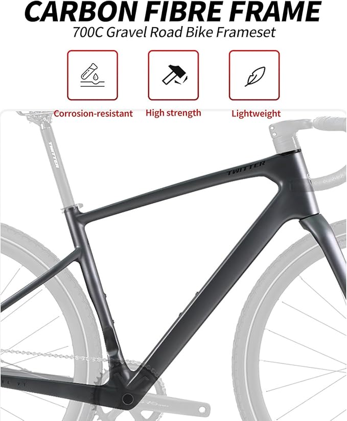 700C Carbon Fiber Gravel Bike Frameset 45/48/51/54CM Road Off-Road Bike Disc Brake Frames Thru Axle Front12×100mm Rear12×142mm Internal Routing(Black,45CM)