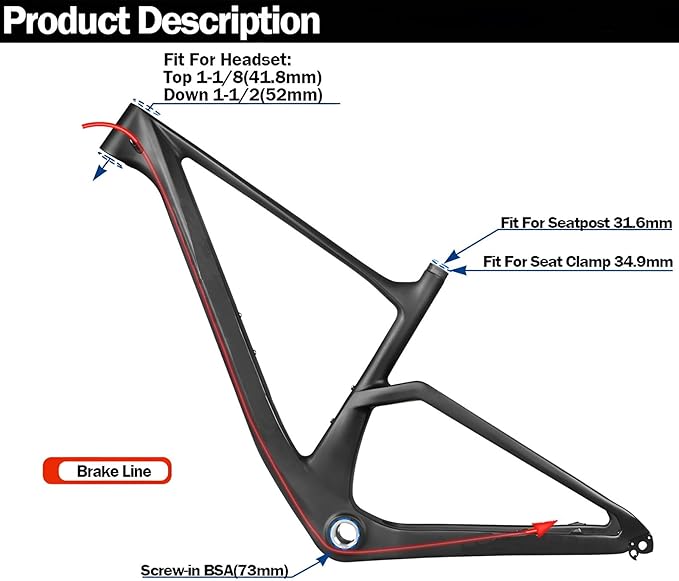 29er Mountain Bike Hardtail Frame 16.3/17.3/19.3/21.3in Thru Axle 12x148mm Boost Frame Disc Brake XC Cyclocross Frame Carbon Fibre Frame Internal Routing Max 2.4" Tire