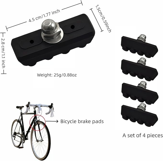 Bicycle Brake Pads 2-Pairs - Road Bike Caliper Brake Pads - Quiet All-Weather Brake Shoes with Quick Mud/Drain Slots - Compatible with Most C-Type Brake Systems (4 Pcs, Black)