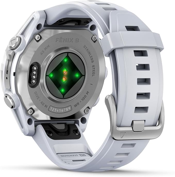 PlayBetter Garmin Fenix 8 AMOLED (43mm, Silver/Whitestone) Multisport GPS Smartwatch Bundle - 1.3” Touchscreen, Built-in LED Flashlight Wireless Running Earbuds