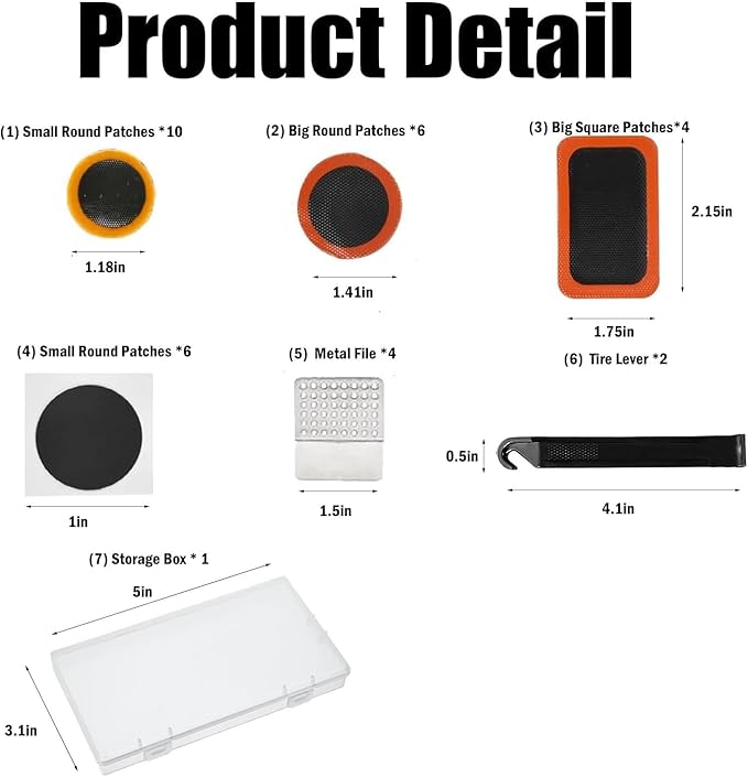 Bike Tire Repair Kit,Bicycle Inner Tube Repair Kit with 26 Glueless Patch Kits, 2 Tire Levers, 4 Metal Rasps, Inner Tube Patch Kit Suitable for MTB BMX Road Mountain Bike