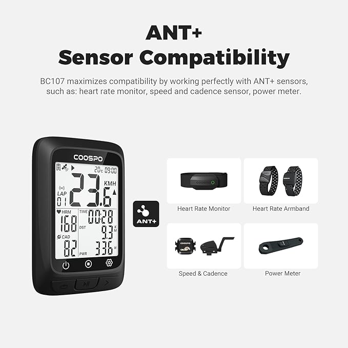 COOSPO Bike Computer GPS Wireless, ANT+ Cycling Computer GPS with Bluetooth, Multifunctional ANT+ Bicycle Computer GPS with 2.4 LCD Screen, Bike Speedometer with Auto Backlight IP67