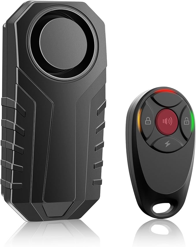 Bike Alarm with Remote, 113dB Bike Alarm for Motorcycle Moped Scooter IP65 Waterproof Adjustable Volume Sensitivity Universal Remote Strap for All Handlebar Sizes