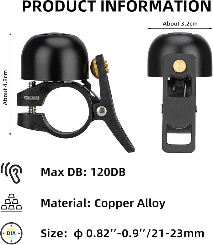 ROCKBROS Bike Bell, Copper Alloy Bike Bell, Loud Sound Classic Bike Ring Bell for Adults, for 0.82’’-0.9’’/21-23mm Handlebar Diameter