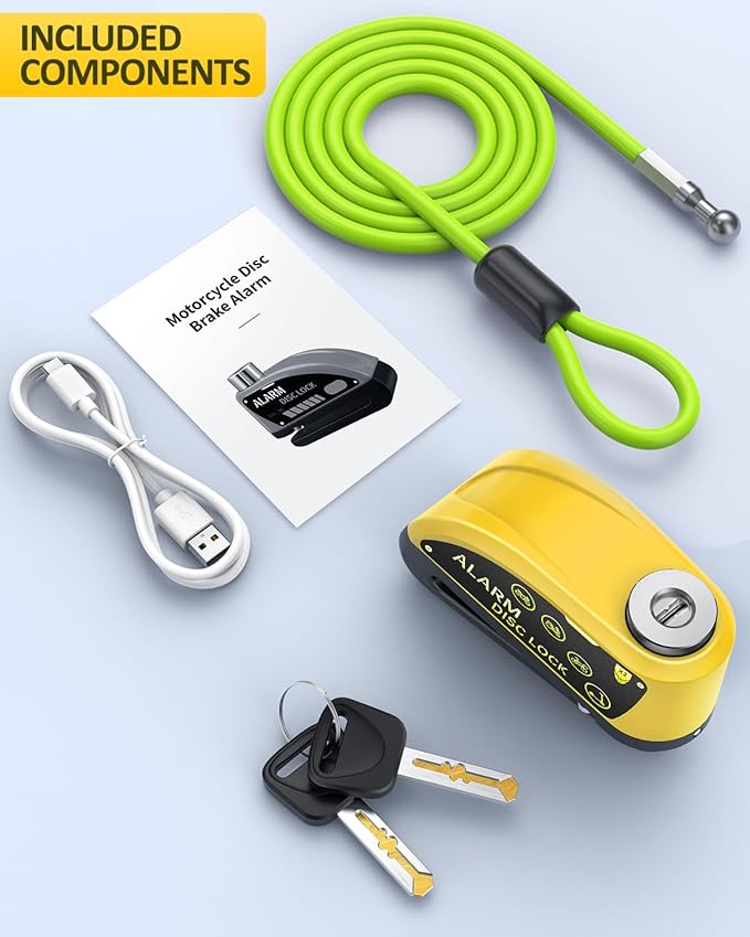 ONVIAN Rechargeable Motorcycle Lock with 120db Alarm and 6FT Steel Reminder Cable, for 7mm Pin Motorcycles Bicycles Ebike Scooter Moped(Yellow)