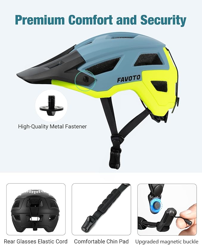 Favoto Adult Mountain Bike Helmet for Men & Women, Magnetic Buckle MTB Helmet with Removable Visor, Lightweight for Commuting & Off-Road Cycling