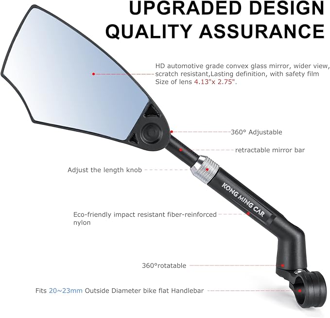 Handlebar Bike Mirror HD Anti-Glare Lens Scratch Resistant Glass Mirror Adjustable Safe Handlebar Rear View Mirrors For 21-24mm Handlebar (Right)
