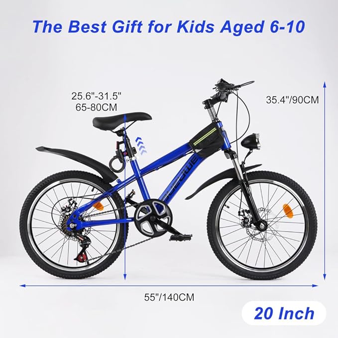 Bueuwe 20 24 Inch Kids Mountain Bike, Children Bicycles for Boys and Girls Ages 6-12, 7 Speed Teenager Bikes with Disc Brakes, Adjustable Handlebars and Seat, Kickstand (Blue, 20 Inch)