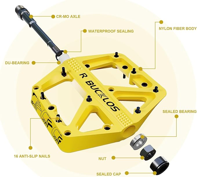 BUCKLOS Mountain Bike Pedals MTB Pedals Flat, Adult Bicycle Road Bike Large Platform Nylon Non-Slip Pedal for Gravel Bike/Hybrid Bike 9/16"
