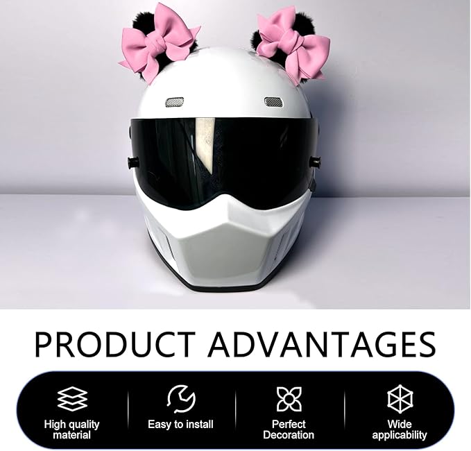 2 PCS Bow Ears Motorcycle Helmet Decor, Cute Cartoon Cat Ears Helmet Decoration, Removable Self Adhesive Motorcbike Bow Accessories, Universal for Most Ski, Bike & Motorcycle (Pink)