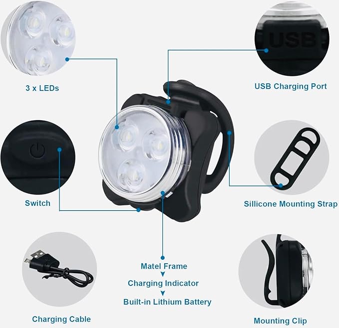 USB Rechargeable Bike Light Set, LED Front Headlight & Rear Tail Light, Waterproof Bicycle Light, 4 Modes, Silicone & Plastic, Bright LED, Outdoor Bike Lighting, Rechargeable Bicycle Light Set