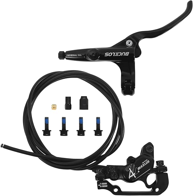 BUCKLOS MTB 4 Pistons Hydraulic Disc Brake Set, Mountain Bike Left Front 850 mm Right Rear 1630 mm Bicycle Disk Break Aluminum Alloy Caliper Lever for Ebike/Folding Bicycle/Fat Bike HD-M735(Pre-Bled)