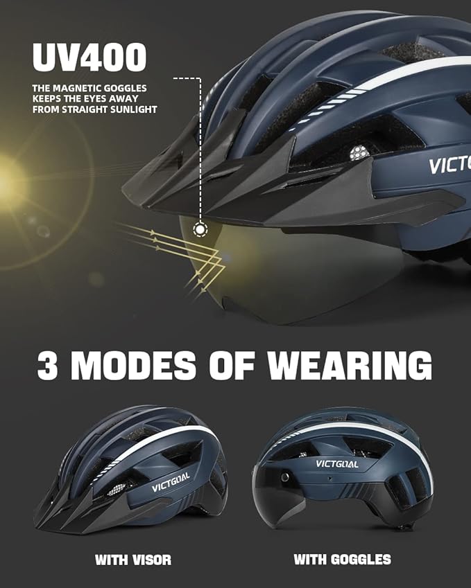 VICTGOAL Bike Helmet with USB Rechargeable Rear Light Detachable Magnetic Goggles Removable Sun Visor Mountain & Road Bicycle Helmets for Men Women Adult Cycling Helmets
