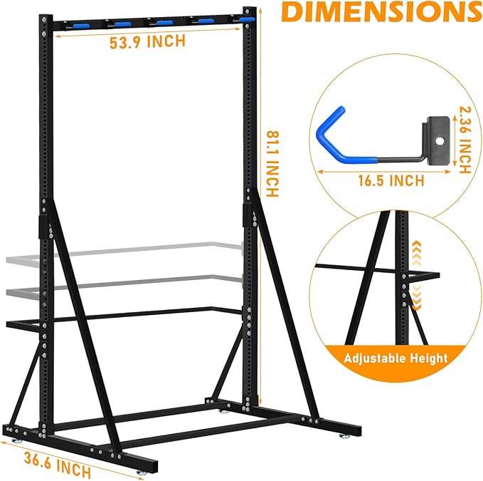 LAJIAOZ Indoor Bike Rack for Garage 5 Bike Storage Stand, Freestanding Vertical Bicycle Rack with Adjustable Hooks, Heavy Duty Steel Garage Bike Organizer for Road Mountain Hybrid Bikes, Black