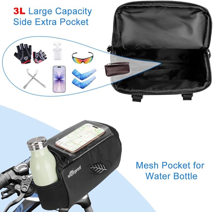 WOTOW Bike Waterproof Handlebar Bag, Bicycle Front Basket Pack with Touch Screen Phone Holder, Reflective Storage Pouch 3L for Men Women Kids Outdoor Road MTB Cycling
