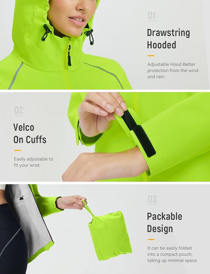 baleaf Women's Rain Jackets Waterproof Windbreaker Packable Lightweight Cycling Running Jacket Hiking Gear Reflective Hooded