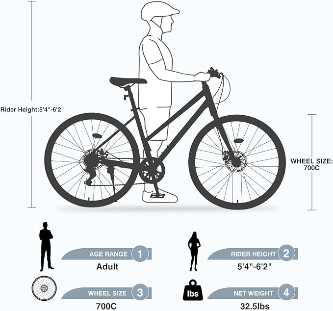 7 Speed Hybrid Road Bike for Men & Women, 700x32C City Commuter Bicycle with Disc Brakes, Steel Frame, Ideal for Outdoor & Fitness Cycling