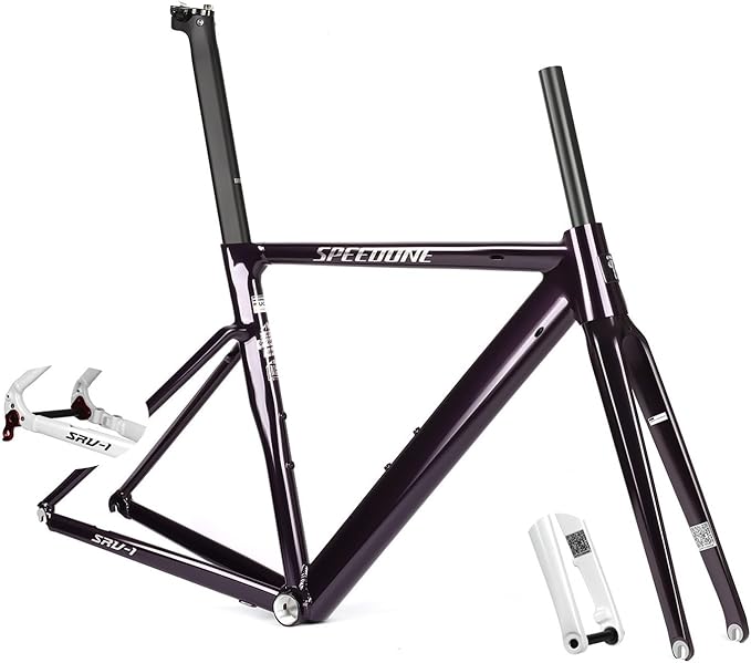 700C Road Bike Frameset 50cm 52cm Aluminum Alloy Track Frame Breaking Wind Racing Cyclo-Cross Frame Thru Axle F12*100MM R12*142MM BSA BB68mm Disc Brake Carbon Fork(Gloss Black,52cm)