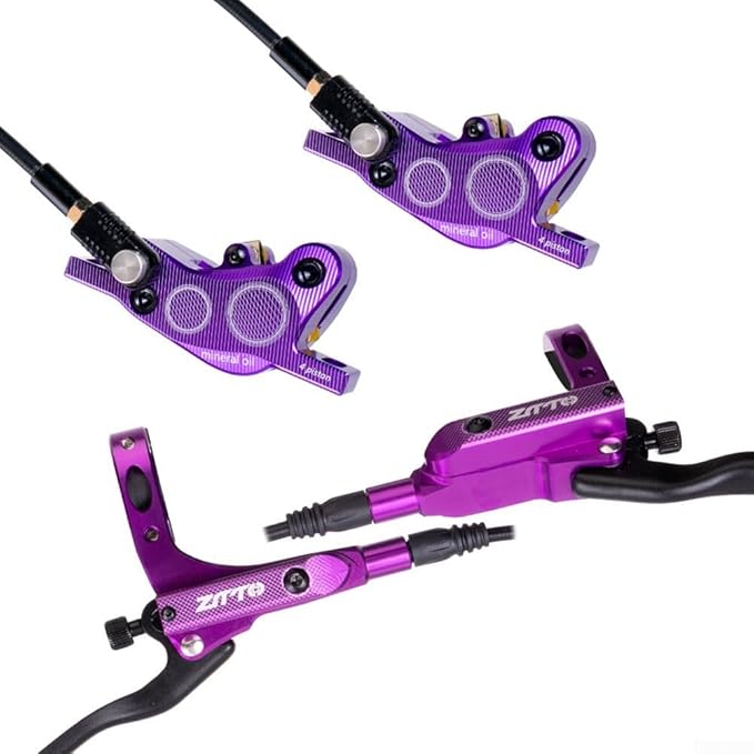 Bicycle Hydraulic Disc Brake Set with Four-Piston Calipers and Aluminum Alloy Construction for Mountain Bike Off-Road and Urban Riding Front/Rear Hose Included(Purple)