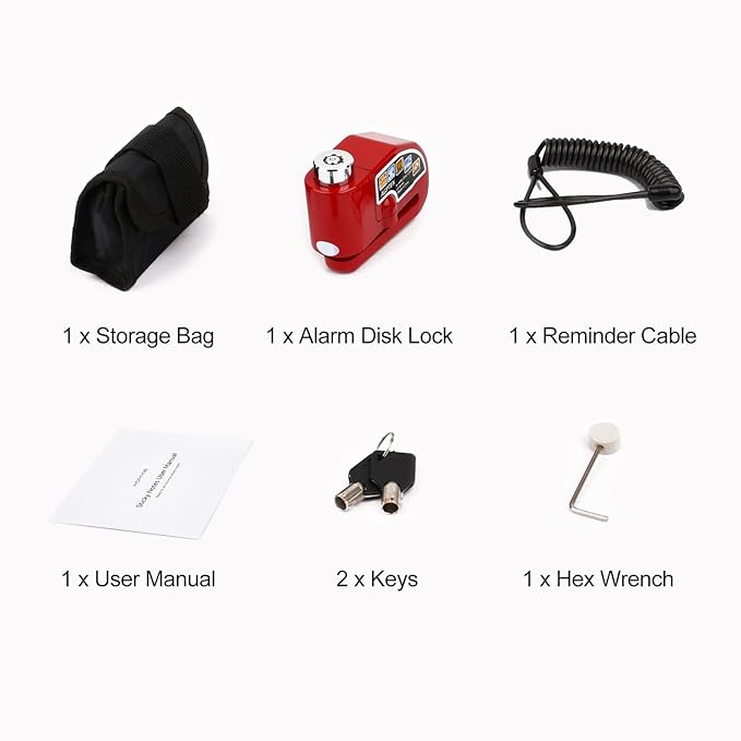 AGPTEK 110dB Motorcycle Brake Lock with 5FT Reminder Cable, Anti-Theft Padlock Waterproof with Lock Pin Carrying Bag for Motorcycle Bike Scooter