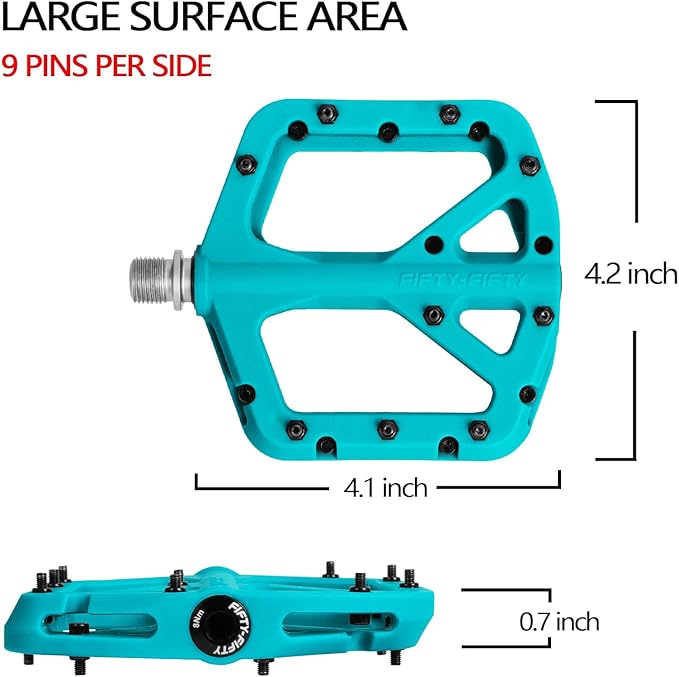 FIFTY-FIFTY Mountain Bike Pedals, Non-Slip MTB Nylon Composite, 9/16" Bicycle Pedals, Lightweight and Wide Flat Platform