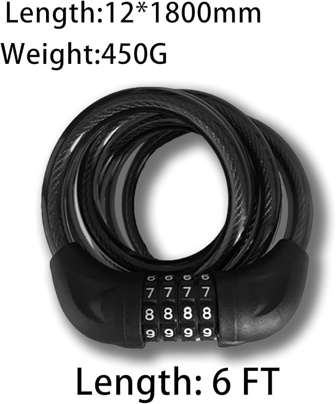 Bike Cable Lock 6FT Long, 4 Digit Resettable Combination Lock, Heavy Duty Steel Cable with Waterproof Vinyl Coating Anti Theft Security Lock for Road Bike E-Bike Scooter Fence Gate Toolbox