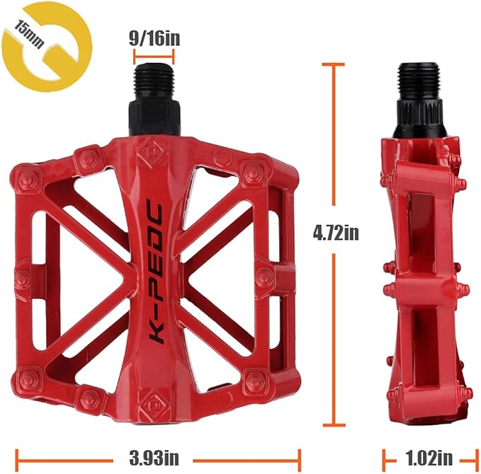 Aluminium CNC Bike Pedals 9/16", Lightweight Mountain Road Bike Pedal with 16 Anti-Skid Pins Bicycle Pedals for MTB BMX