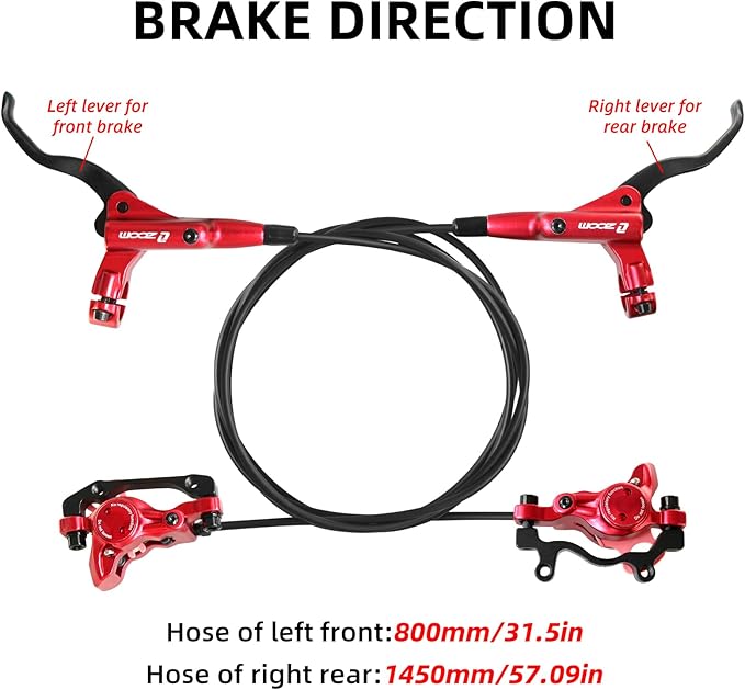 Z00M MTB Hydraulic Disc Brakes Set Mountain Bike Left Front 800mm Right Rear 1450mm Hydraulic Brake Aluminum Alloy Bicycle Disc Brake for E-Bike Fat Bike Road Bike 2 Piston