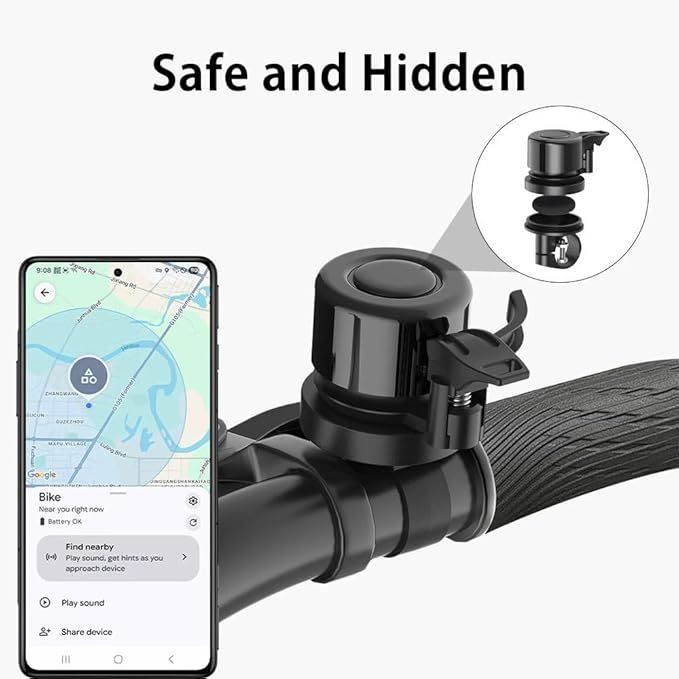 Bike Bell with Tracker Tag Work for Find Hub APP, Bike Mount for GPS Tracker Waterproof Classic Stainless Steel Holder, Anti-Theft,100dB, Fit 0.83''/22.0, 1''/25.4mm Handlebars (Android Only)