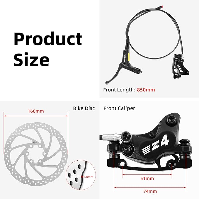 4-Pistons E-Bike Hydraulic Disc Brake Set, 2-PIN Electric Power-Off Hydraulic Brakes Set with 160mm Rotors, Pre-Bled with Mineral Oil Brakes Kit for eBike, MTB, Electric Scooters(Left Front)