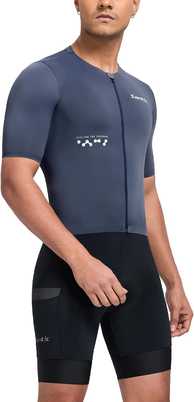 Santic Men's Cycling Jersey Short Sleeve Tops Bicycle Bike Shirt Full Zipper UPF 50+ Bicycle Jersey with Pockets